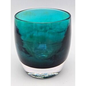 Glassybaby Gratitude #980 Votive Candle Holder Aqua Ombre Hand Blown W/Sticker